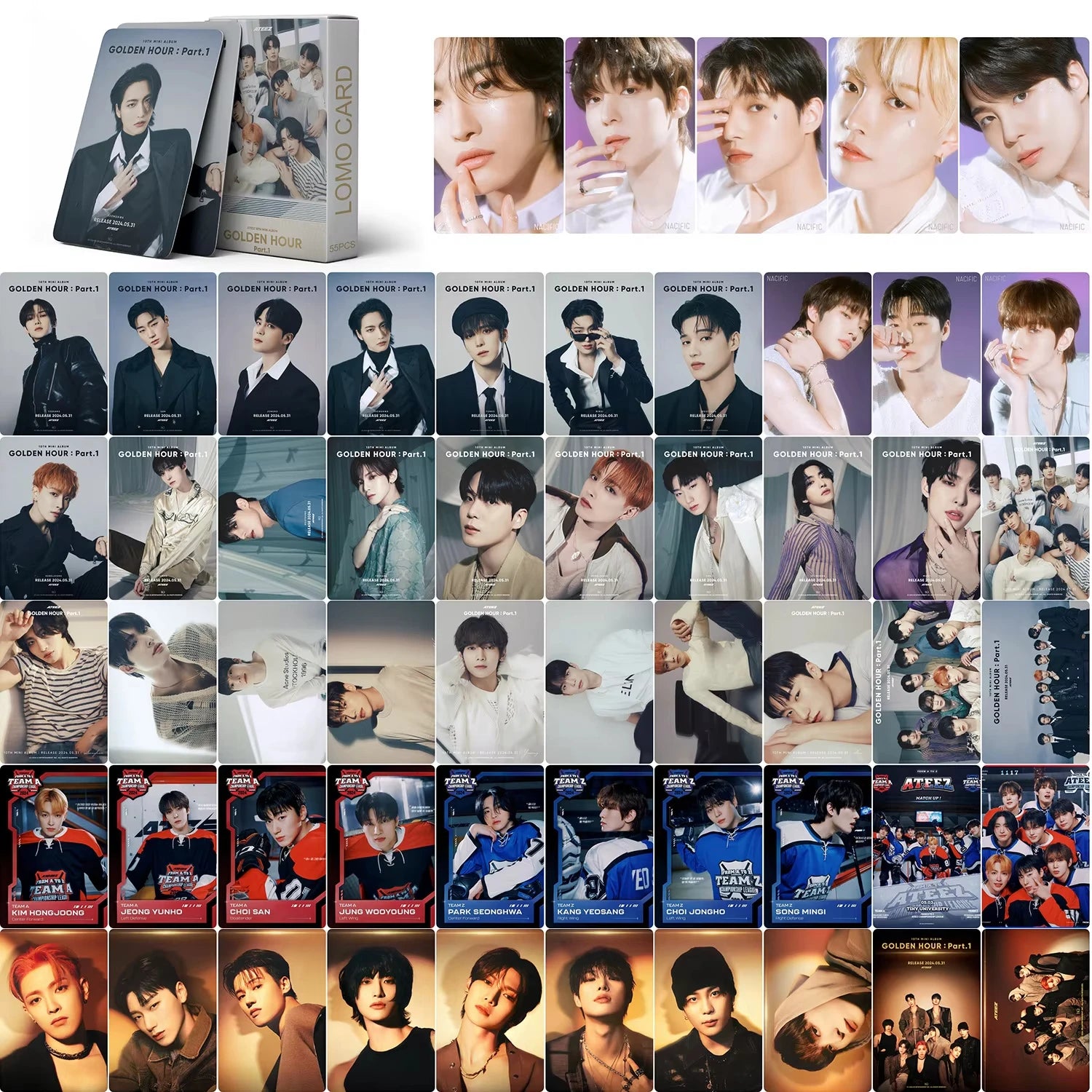 55Pcs/Set ATEEZ Idol Boy New Album GOLDEN HOUR:Part.3 Lomo Cards Seonghwa Jongho HD Printd Photocards Hongjoong Yunho Fans Gift